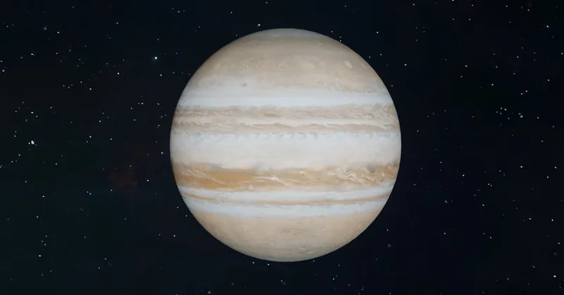 Detailed view of Jupiter amid stars, showcasing its iconic bands and vastness.