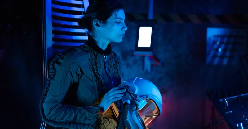 A futuristic spacewoman in a blue-lit spacecraft, holding her helmet, ready for interstellar exploration.
