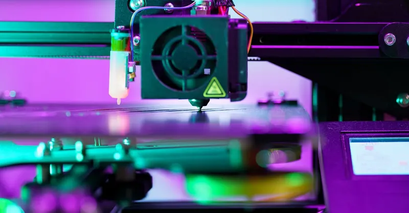 A neon-lit 3D printer operating, showcasing advanced technology and engineering.