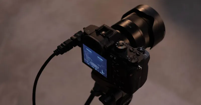 Detailed view of a professional camera setup on a tripod indoors, showcasing its screen and cables.