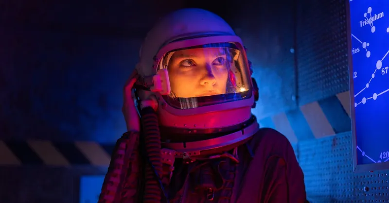 A futuristic astronaut in a space suit gazes at the star map, surrounded by vibrant lighting.