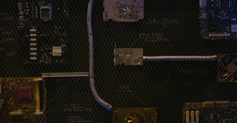 Artistic arrangement of circuit boards and cables symbolizes modern technology.