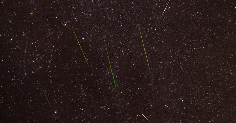 Bright meteors streak across a starry night sky during a captivating shower.