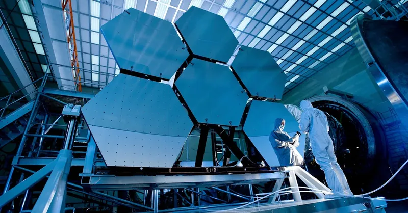 Engineers in protective suits work on telescopic mirrors in a high-tech lab.