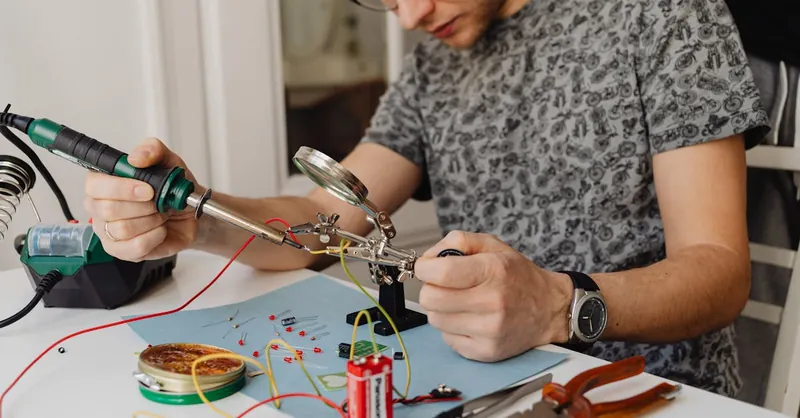 Adult technician soldering electronics with precision tools and equipment indoors.