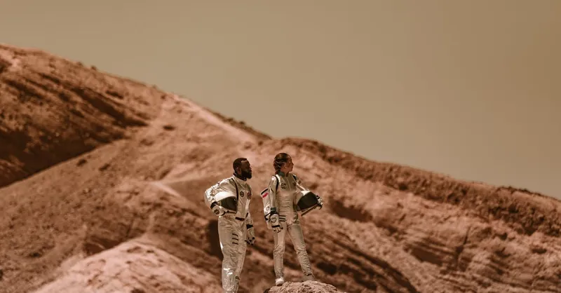 Astronauts exploring a desert-like terrain with rugged hills, wearing space suits.