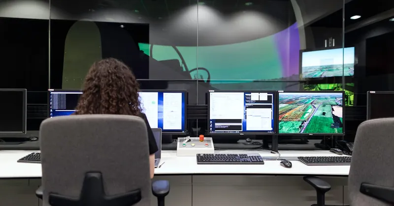 Female engineer managing multiple screens during a technology simulation in a control room.