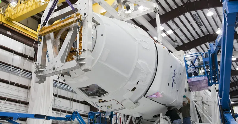 Technicians work on spacecraft assembly in an industrial facility with high-tech equipment.