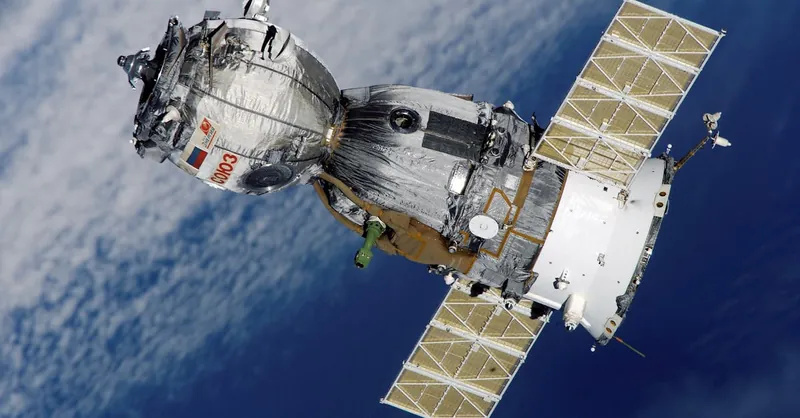 Close-up of Soyuz spacecraft orbiting Earth with solar panels extended, showcasing space exploration technology.