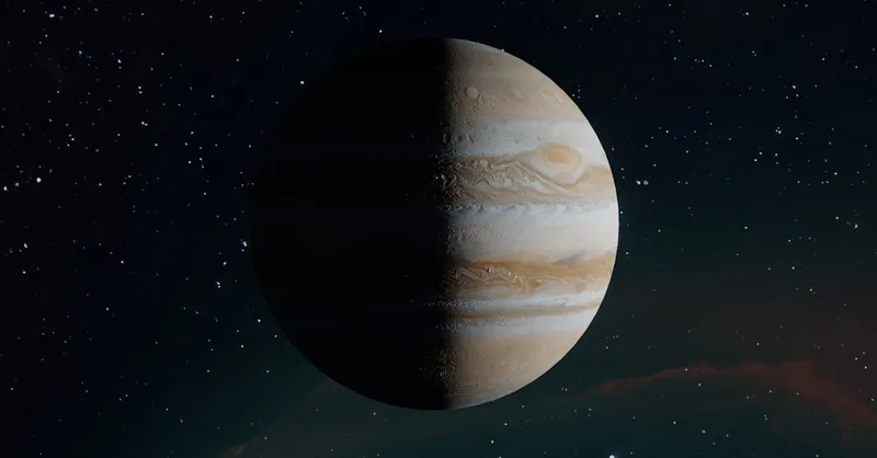 Stunning view of planet Jupiter with visible cloud bands and darkened hemisphere against a starry sky.