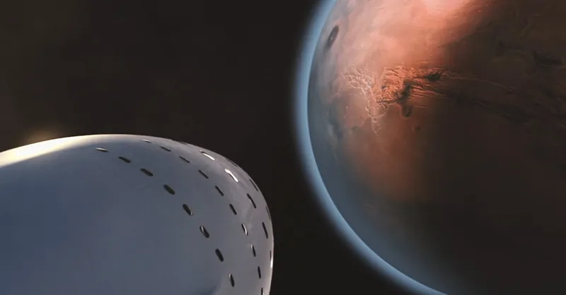A detailed view of a spaceship approaching Mars, highlighting interplanetary exploration.