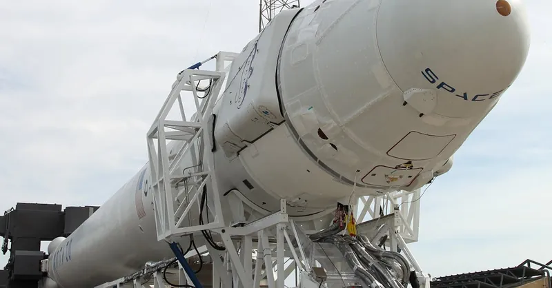 Detailed view of a modern rocket ready for launch, showcasing advanced aerospace engineering.