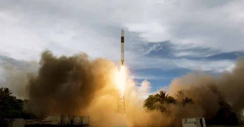 Dramatic rocket launch into a cloudy sky, showcasing engineering and technology.