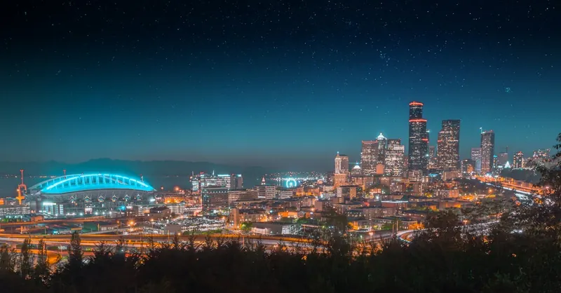 Beautiful night view of a city skyline with illuminated buildings and starry sky.
