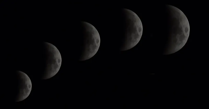 A composite image showing the waxing crescent phase of the moon in the night sky.