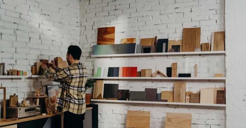 A man organizes wooden samples on shelves in a workshop, surrounded by tools and decor.